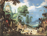 Landscape with birds - dodo painted by Roelant Savery (1628).